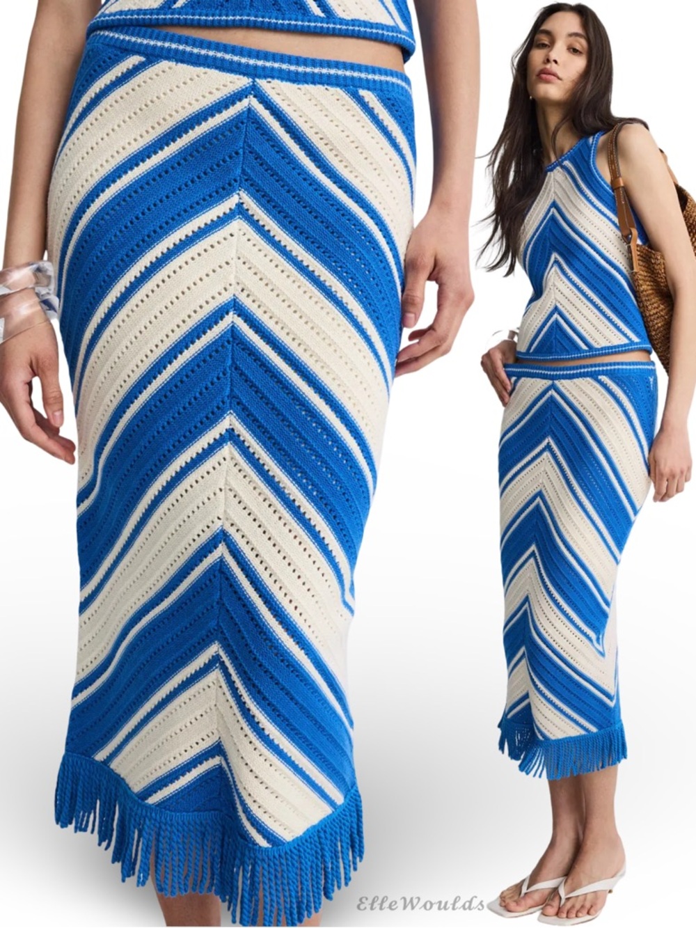 Fifteen Twenty Blue and White Chevron Knit Midi Skirt Fringe Cotton Size Large